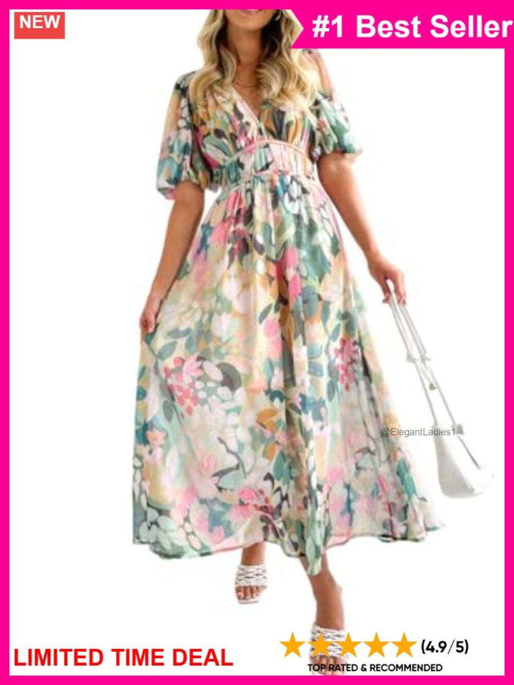 Women's Floral Maxi Dress Puff Sleeve V-Neck Tiered Summer Wedding Guest